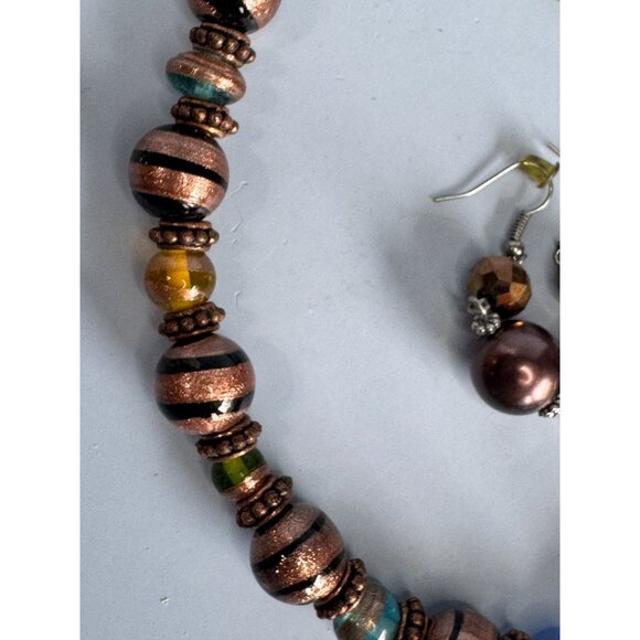 Copper Blue Green Orange Venetian Glass Beaded Necklace & Earrings Set - Picture 8 of 10